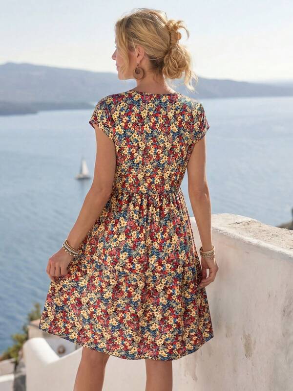 Vestido Midi Com Estampa Floral E Manga Curta Casual