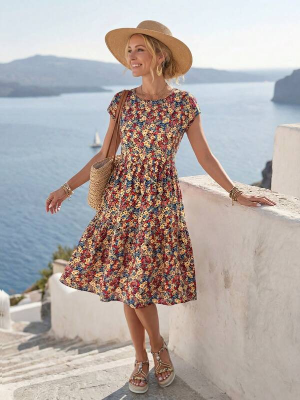 Vestido Midi Com Estampa Floral E Manga Curta Casual