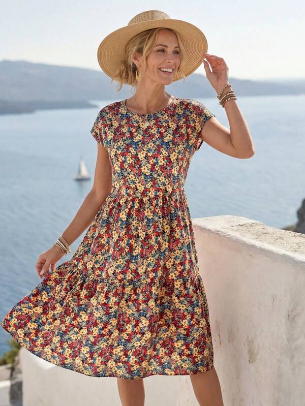 Vestido Midi Com Estampa Floral E Manga Curta Casual