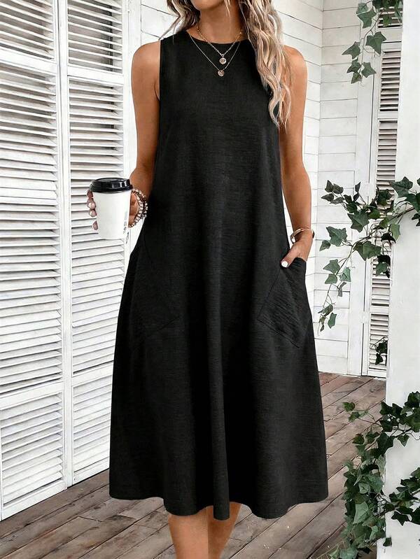 Vestido Midi Evasê Sem Mangas Com Bolsos Estilo Minimalista