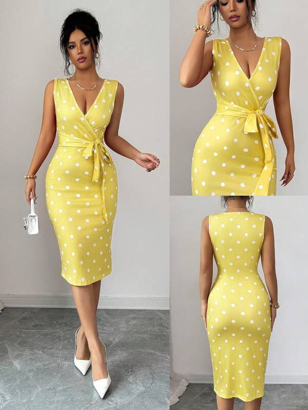 Vestido Midi Transpassado Com Faixa Estampa Poá
