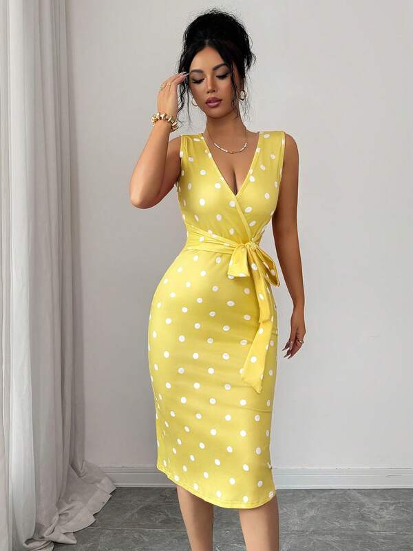 Vestido Midi Transpassado Com Faixa Estampa Poá