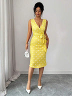 Vestido Midi Transpassado Com Faixa Estampa Poá