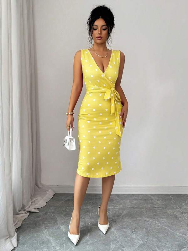 Vestido Midi Transpassado Com Faixa Estampa Poá