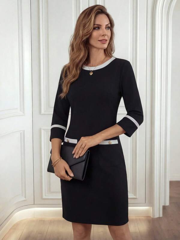 Vestido Midi Ajustado Com Bolsos Contrastantes