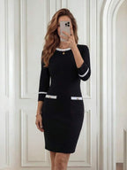 Vestido Midi Ajustado Com Bolsos Contrastantes