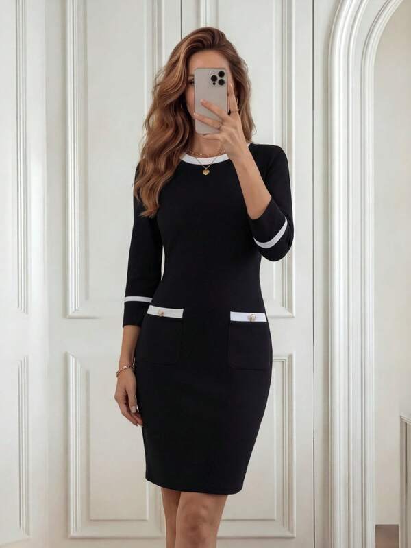 Vestido Midi Ajustado Com Bolsos Contrastantes