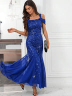 Vestido Longo Ombro Vazado Com Renda E Tule