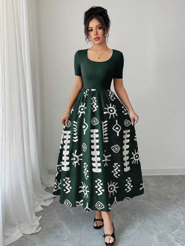 Vestido Midi Canelado Com Estampa Floral Evasê Casual