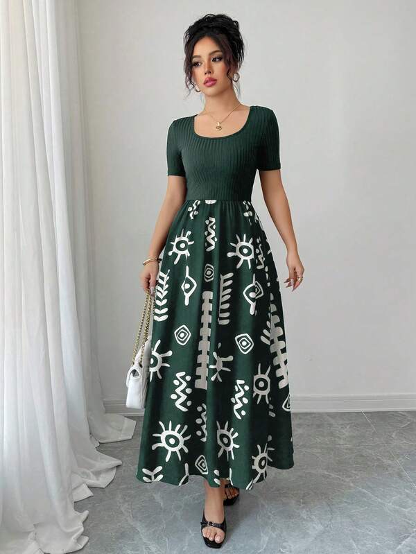 Vestido Midi Canelado Com Estampa Floral Evasê Casual