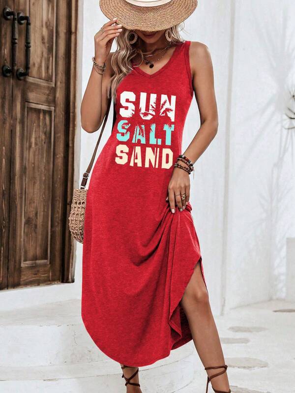 Vestido Midi Regata Com Fenda Lateral E Estampa Lettering