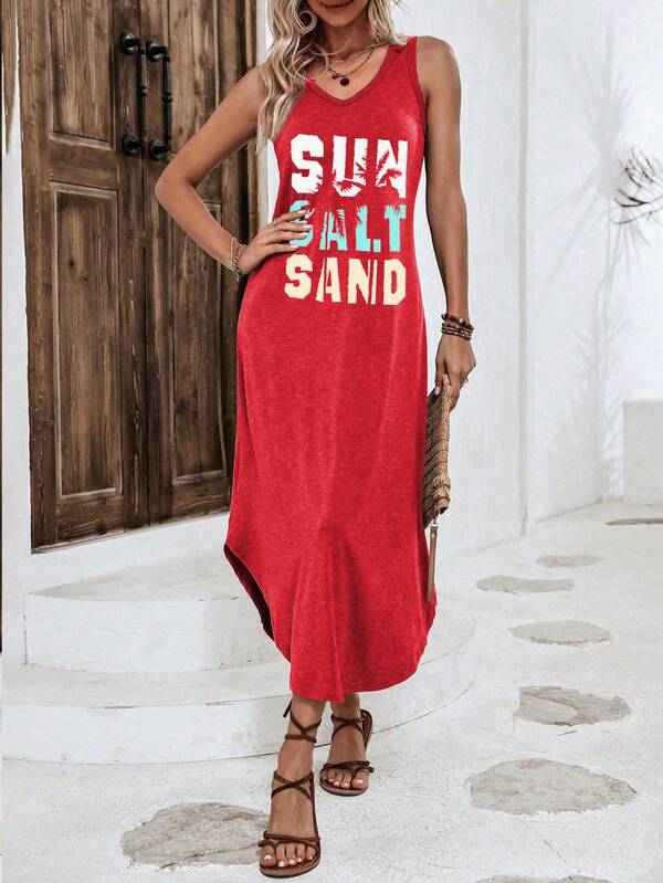 Vestido Midi Regata Com Fenda Lateral E Estampa Lettering
