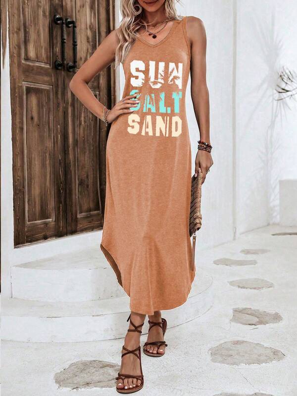Vestido Midi Regata Com Fenda Lateral E Estampa Lettering
