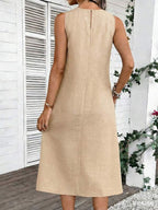 Vestido Midi Evasê Sem Mangas Com Bolsos Estilo Minimalista