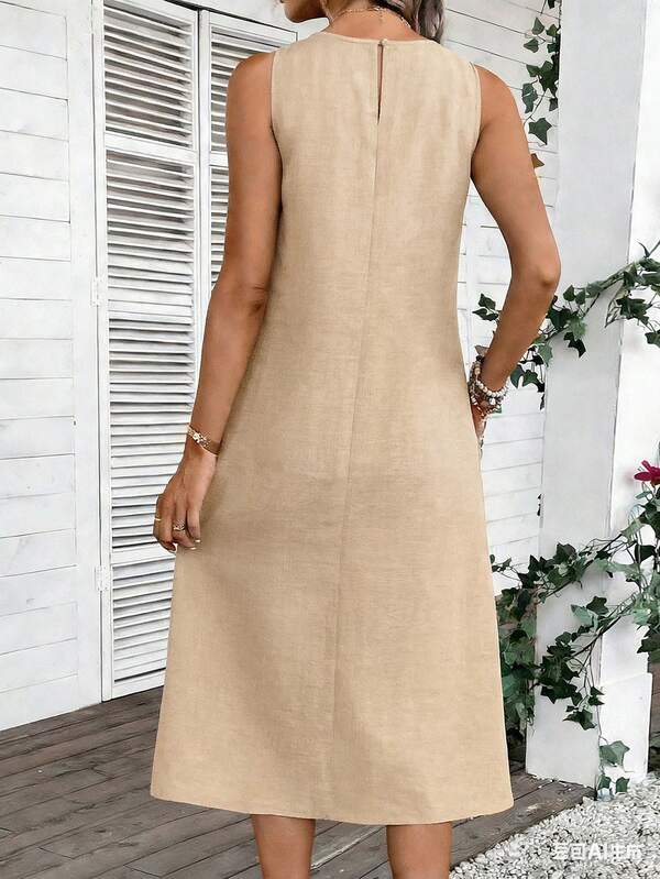 Vestido Midi Evasê Sem Mangas Com Bolsos Estilo Minimalista