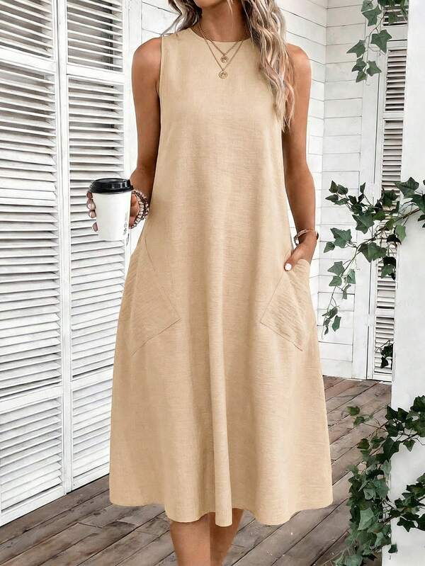 Vestido Midi Evasê Sem Mangas Com Bolsos Estilo Minimalista