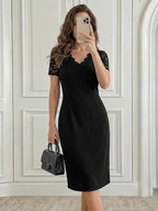 Vestido Midi Decote Ondulado Manga Renda Estilo Elegante