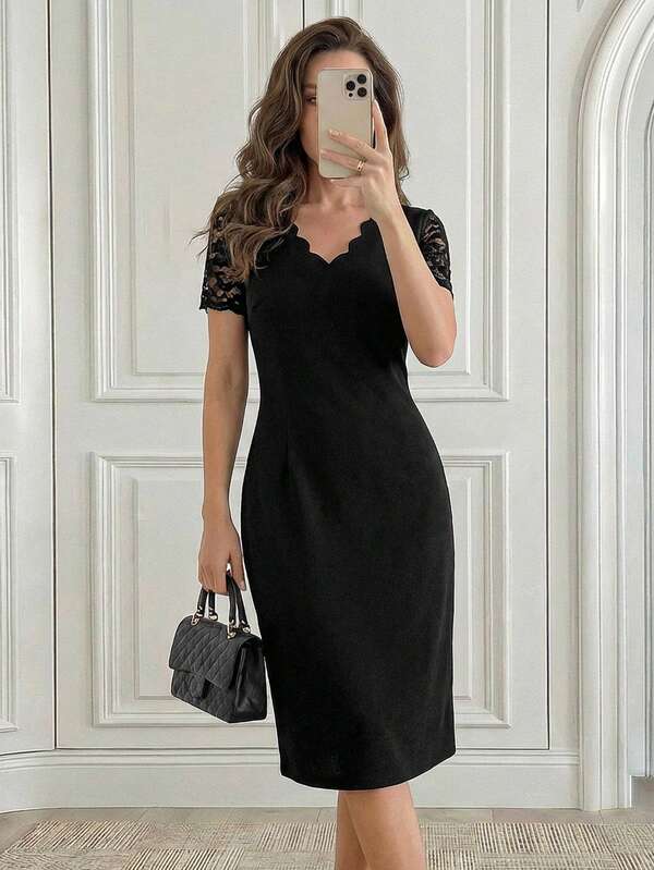 Vestido Midi Decote Ondulado Manga Renda Estilo Elegante