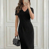 Vestido Midi Decote Ondulado Manga Renda Estilo Elegante