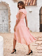 Vestido Midi Transpassado Com Babados E Faixa Romântica