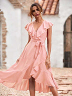 Vestido Midi Transpassado Com Babados E Faixa Romântica