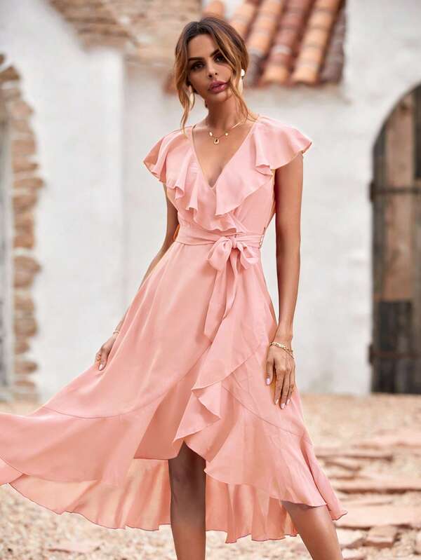 Vestido Midi Transpassado Com Babados E Faixa Romântica