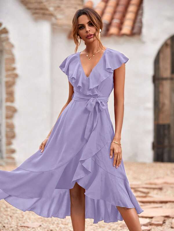 Vestido Midi Transpassado Com Babados E Faixa Romântica