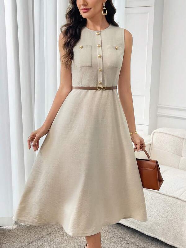 Vestido Midi Evasê Com Botões E Bolsos Frontais