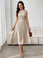 Vestido Midi Evasê Com Botões E Bolsos Frontais