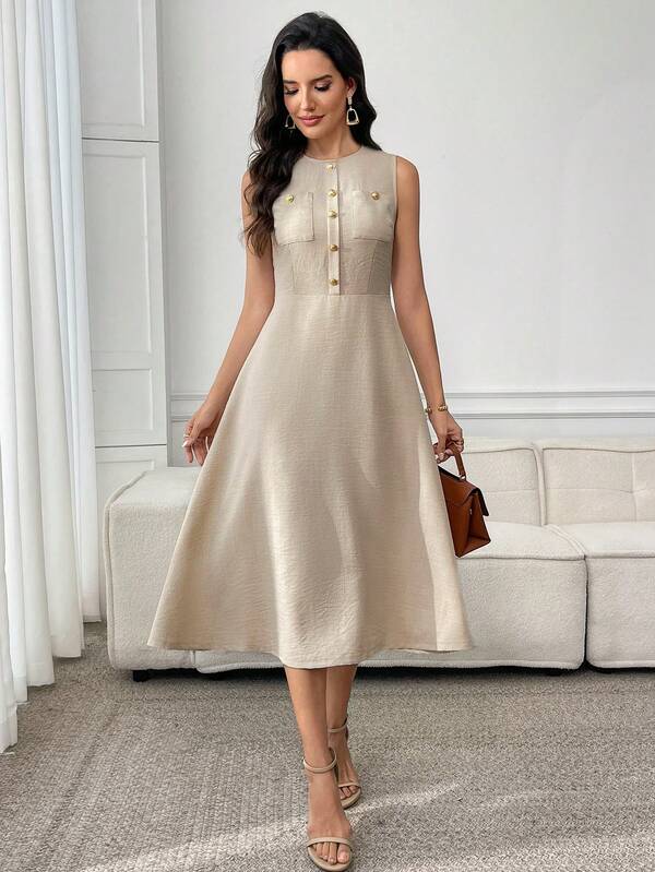 Vestido Midi Evasê Com Botões E Bolsos Frontais