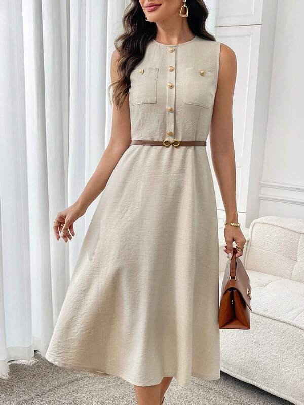Vestido Midi Evasê Com Botões E Bolsos Frontais