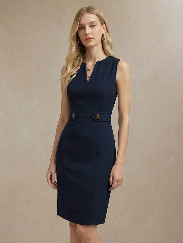 Vestido Midi Ajustado Com Decote V Minimalista