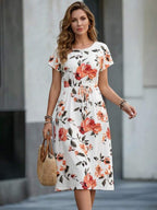 Vestido Midi Listrado Com Amarração E Bolsos Estilo Casual