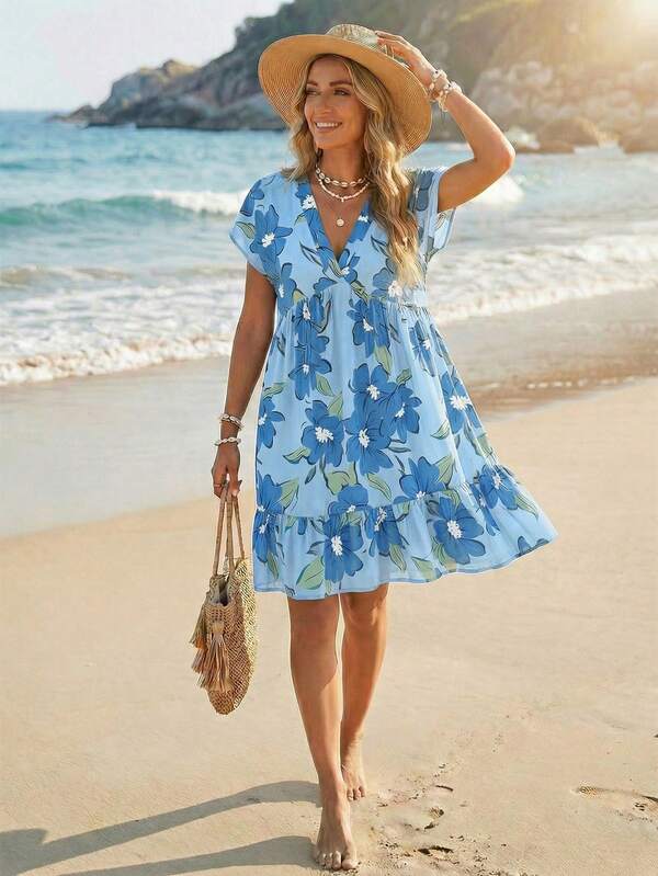 Vestido Curto Decote V Com Estampa Tropical Resort