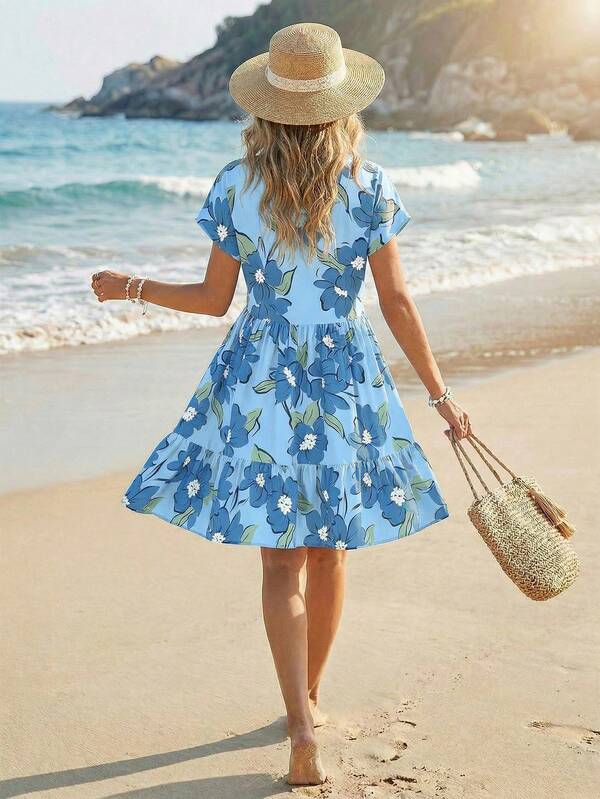 Vestido Curto Decote V Com Estampa Tropical Resort