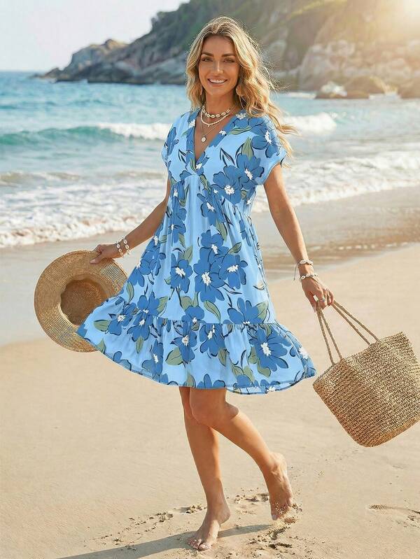 Vestido Curto Decote V Com Estampa Tropical Resort