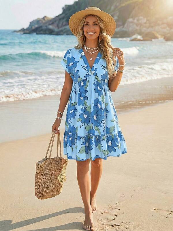 Vestido Curto Decote V Com Estampa Tropical Resort