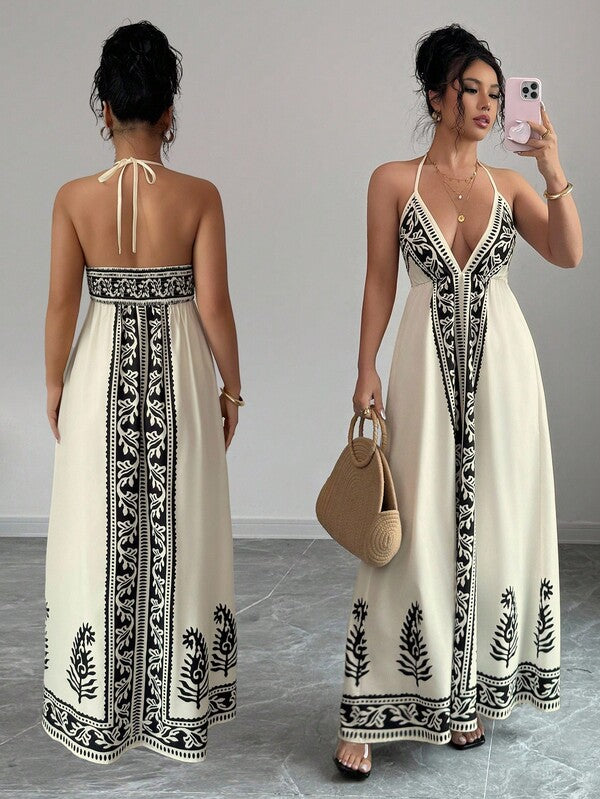 Vestido Longo Frente Única Estampado Estilo Resort