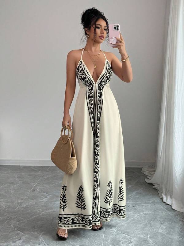 Vestido Longo Frente Única Estampado Estilo Resort