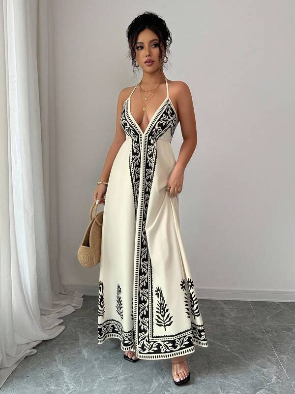 Vestido Longo Frente Única Estampado Estilo Resort
