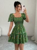 Vestido Curto Com Lastex E Manga Bufante Floral Boho