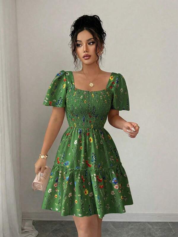 Vestido Curto Com Lastex E Manga Bufante Floral Boho
