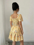 Vestido Curto Com Lastex E Manga Bufante Floral Boho