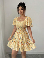 Vestido Curto Com Lastex E Manga Bufante Floral Boho