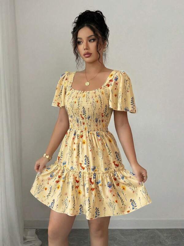 Vestido Curto Com Lastex E Manga Bufante Floral Boho