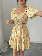 Vestido Curto Com Lastex E Manga Bufante Floral Boho