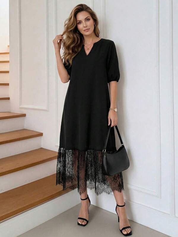 Vestido Midi Decote V Com Estampa Abstrata E Babados