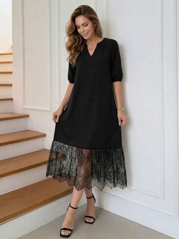 Vestido Midi Decote V Com Estampa Abstrata E Babados