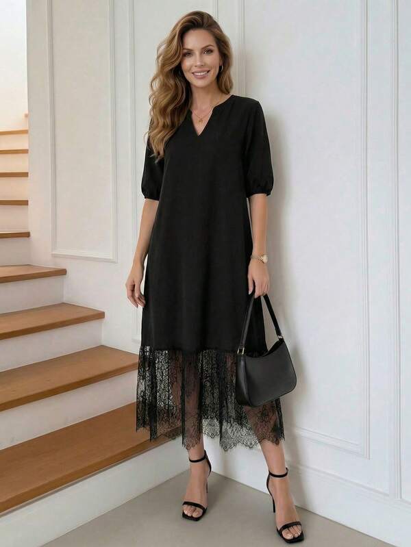 Vestido Midi Decote V Com Estampa Abstrata E Babados