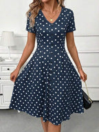 Vestido Midi Decote V Com Botões E Estampa Poá